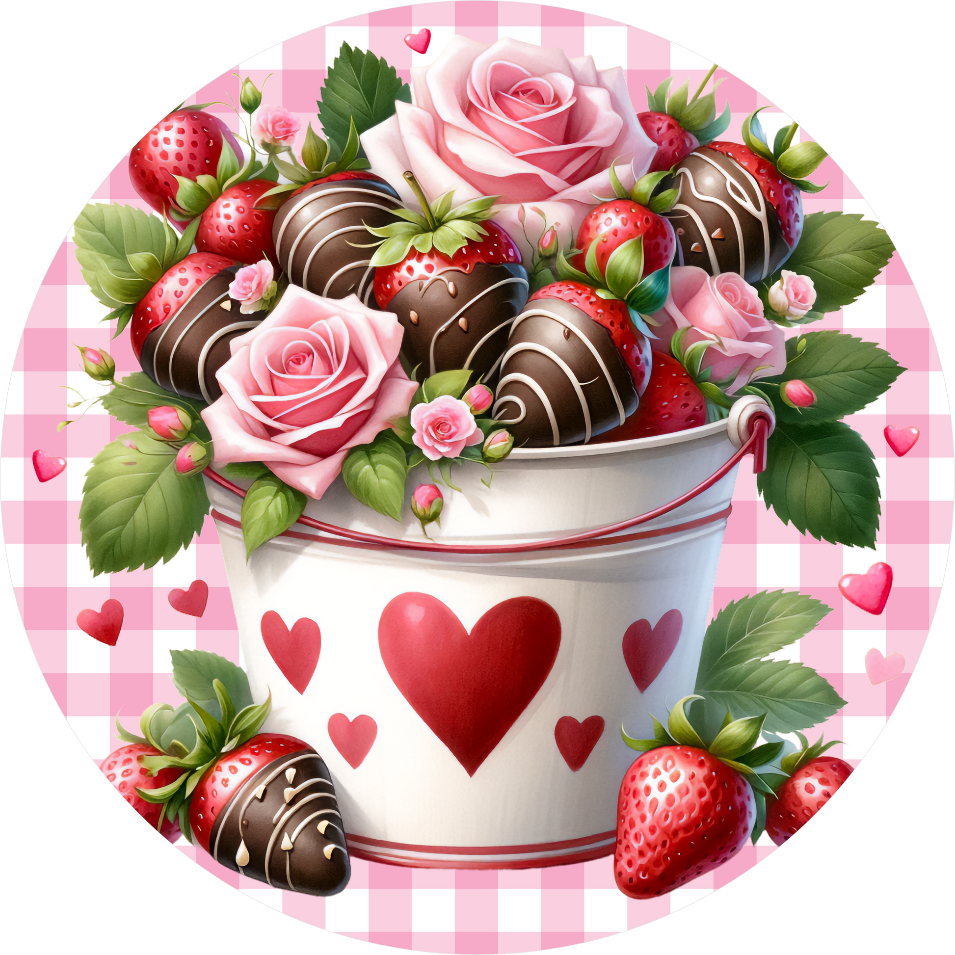 A bucket filled with chocolate-covered strawberries and roses, surrounded by additional strawberries and roses, all set against a pink and white checkered background.