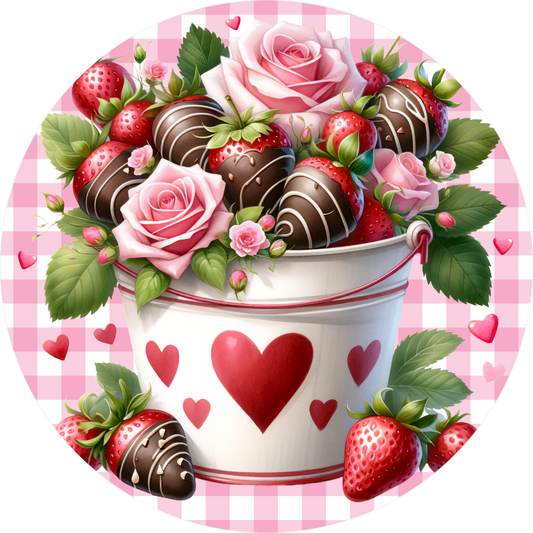 A bucket filled with chocolate-covered strawberries and roses, surrounded by additional strawberries and roses, all set against a pink and white checkered background.