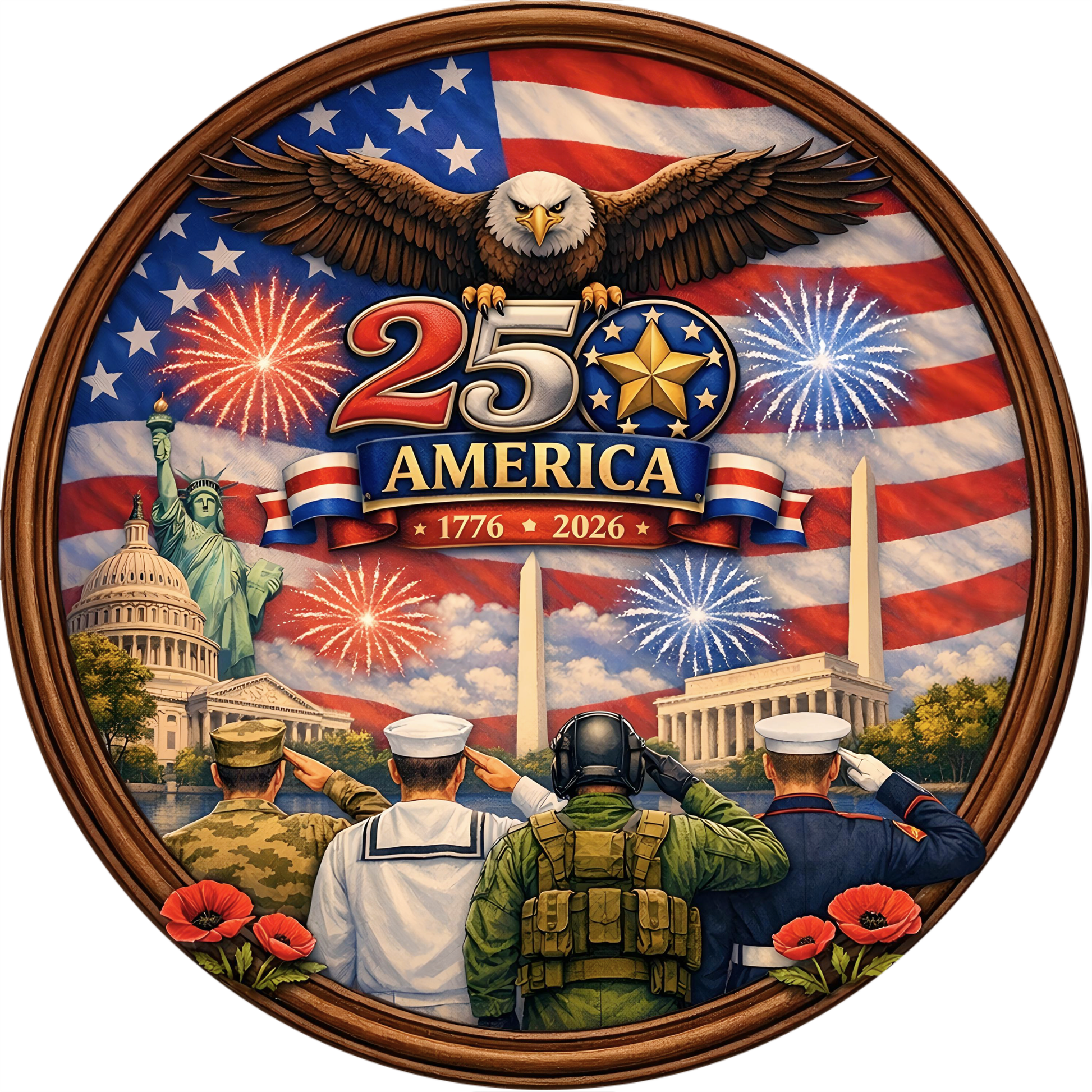 The image is a patriotic collage featuring the American flag, fireworks, the Statue of Liberty, and three military personnel saluting.
