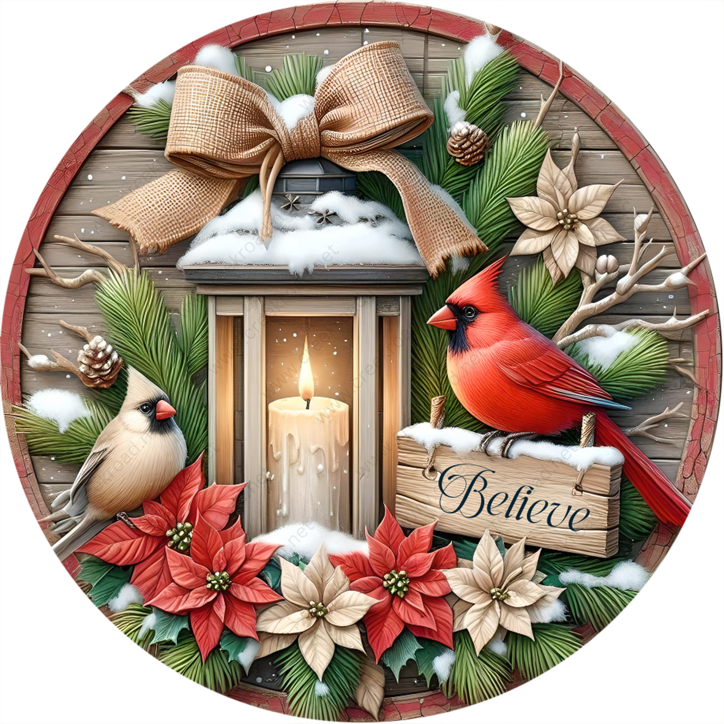 a christmas wreath with a candle and two birds