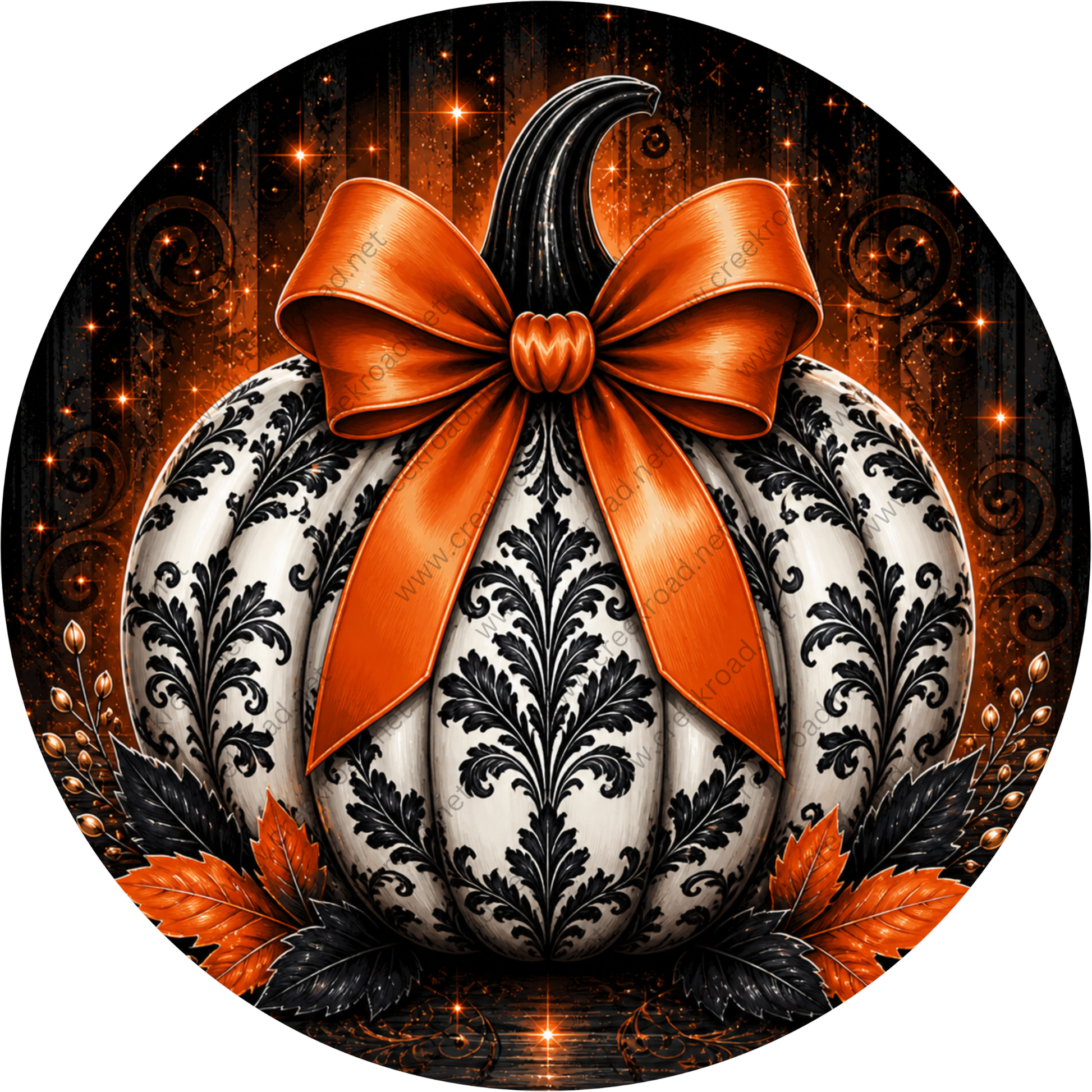 A decorative white pumpkin with black and orange floral patterns, adorned with an orange ribbon bow, surrounded by autumn leaves and twigs against a dark background with orange and black lights.