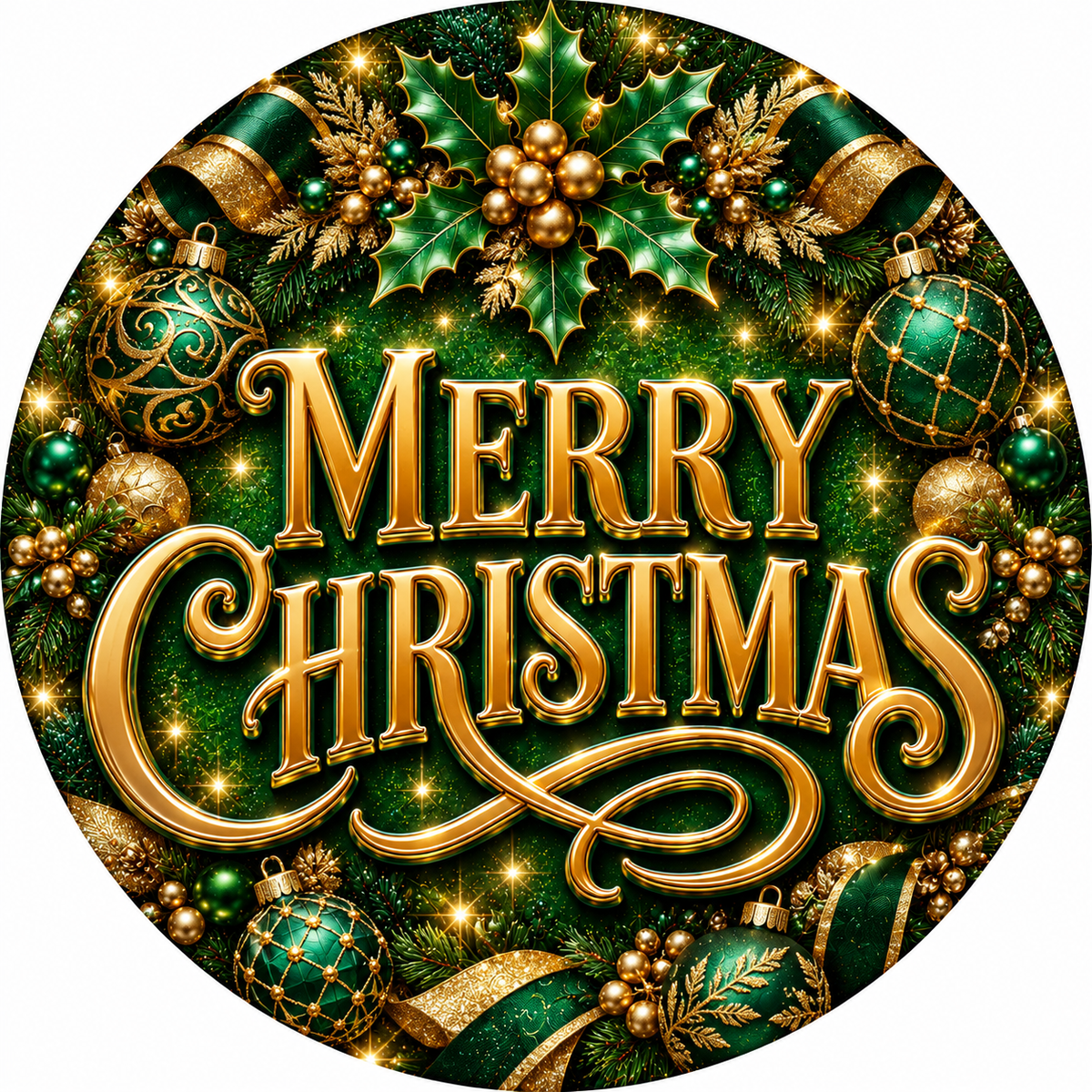 A festive Christmas wreath with a variety of ornaments, greenery, and a large "Merry Christmas" text displayed prominently in the center.
