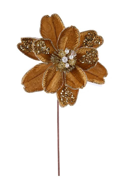 A gold and brown decorative flower with a glittery center is displayed against a white background.