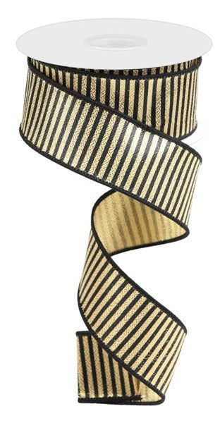 a gold and black striped ribbon on a white background