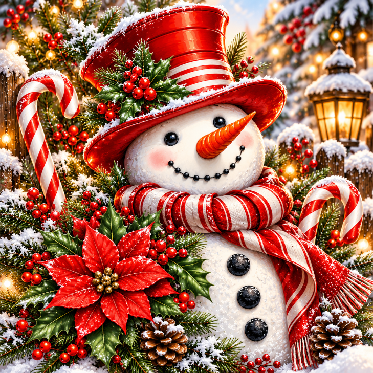 A festive Christmas scene featuring a snowman wearing a red top hat and scarf, surrounded by red and white striped candy canes, a poinsettia flower, pine cones, and a lantern.