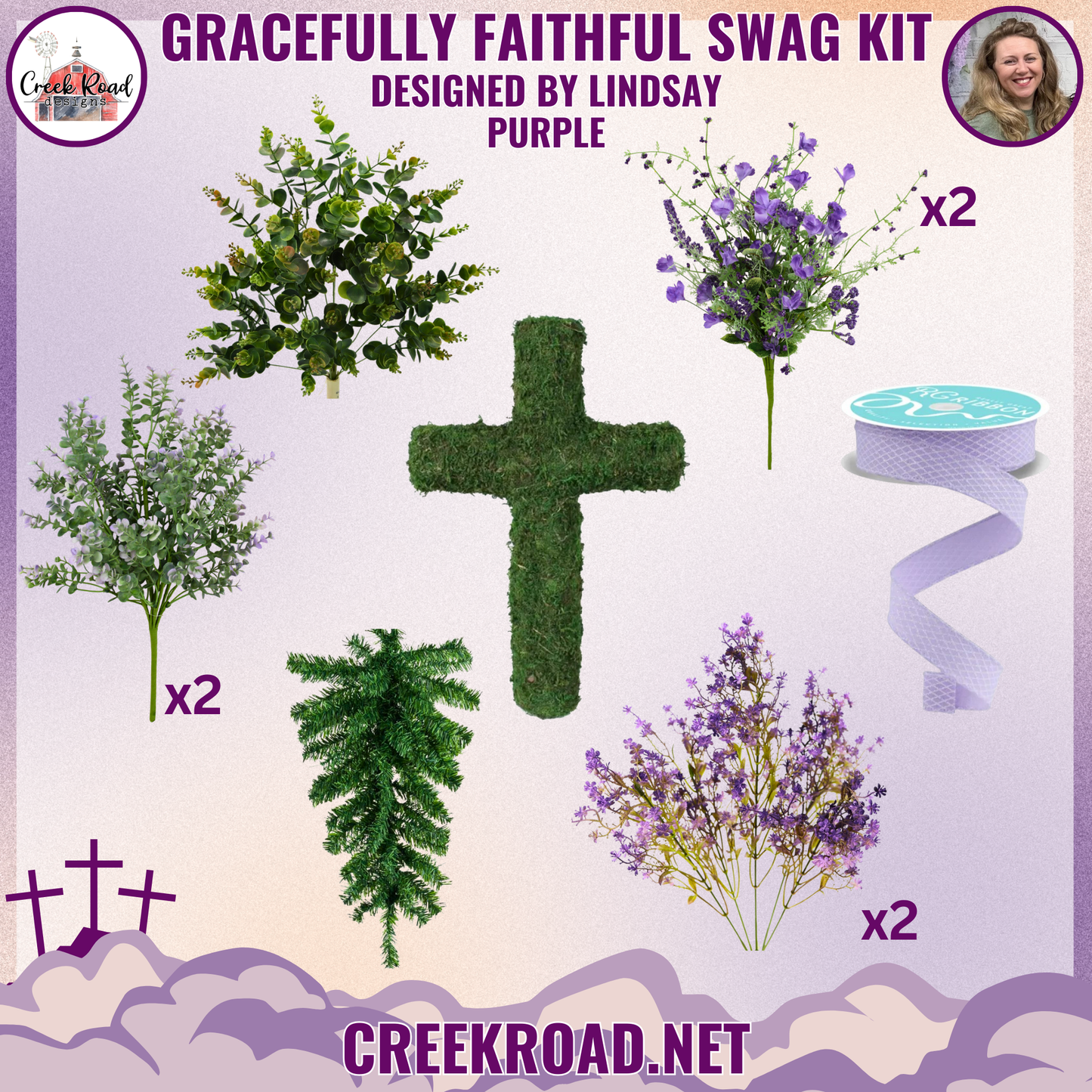 The image is a collage of six different floral arrangements, including a cross made of grass, a purple flower arrangement, and a purple ribbon.