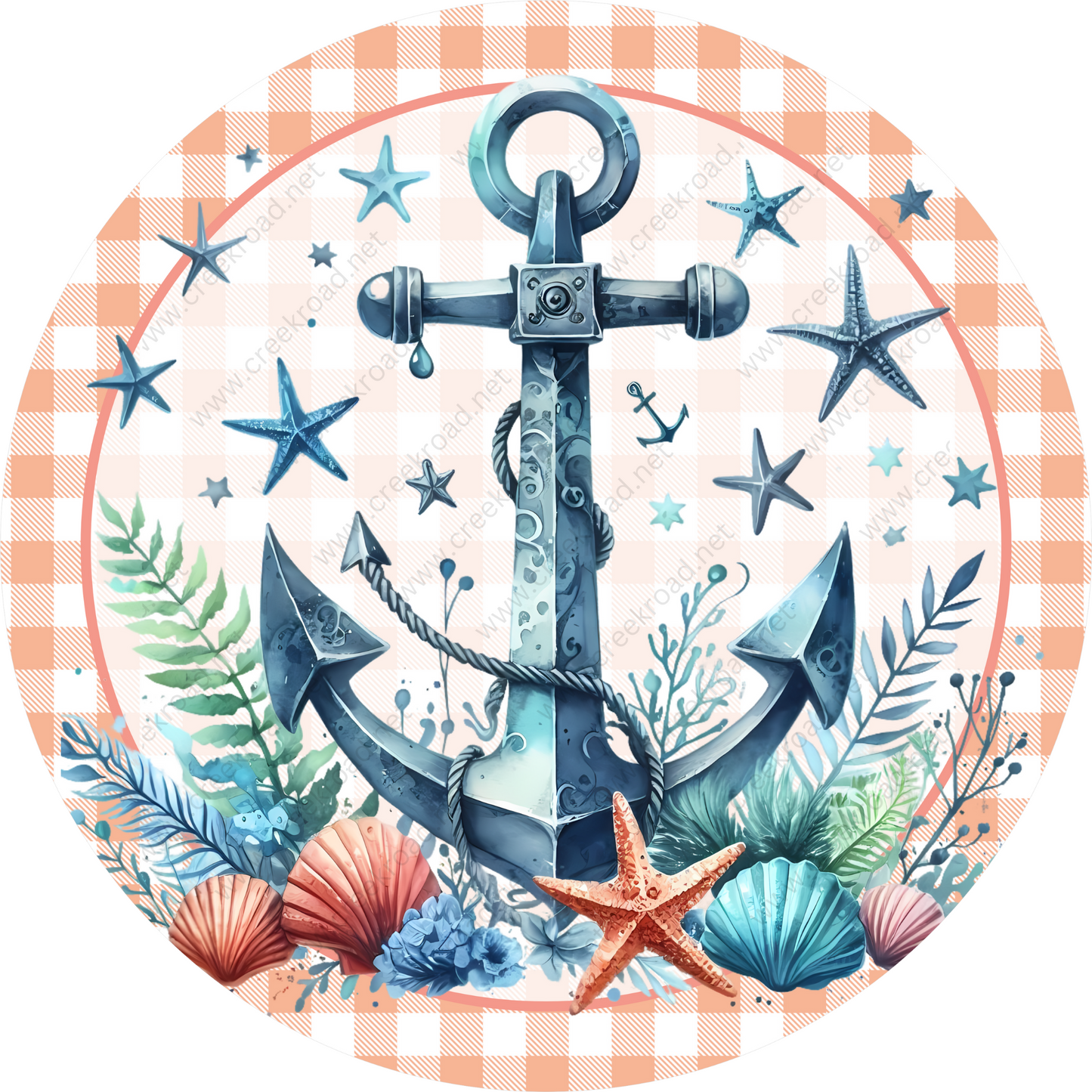 an anchor and starfish on a checkered table cloth