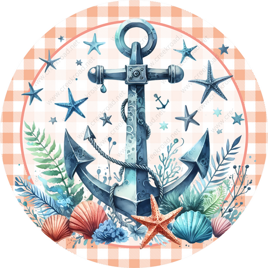 an anchor and starfish on a checkered table cloth