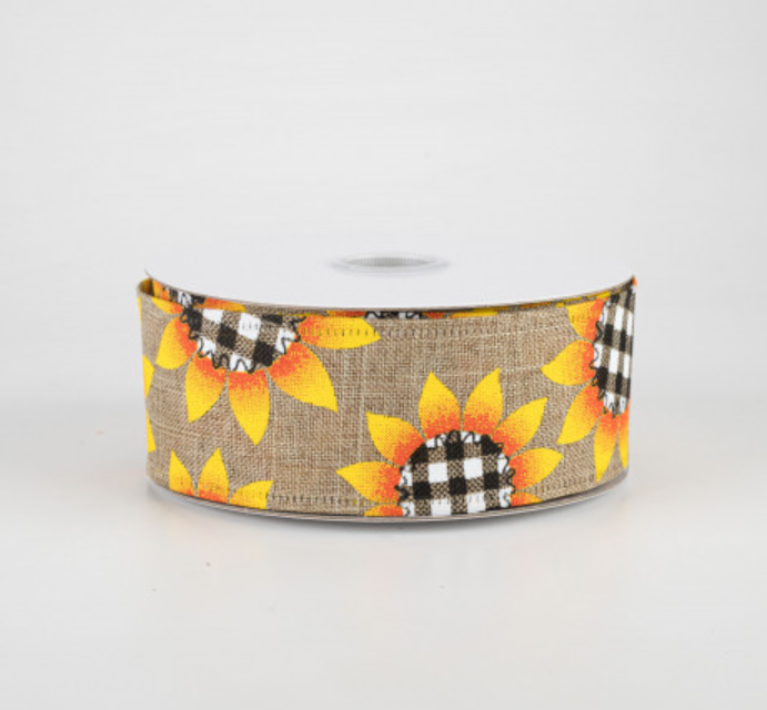 a yellow and black plaid ribbon with sunflowers on it