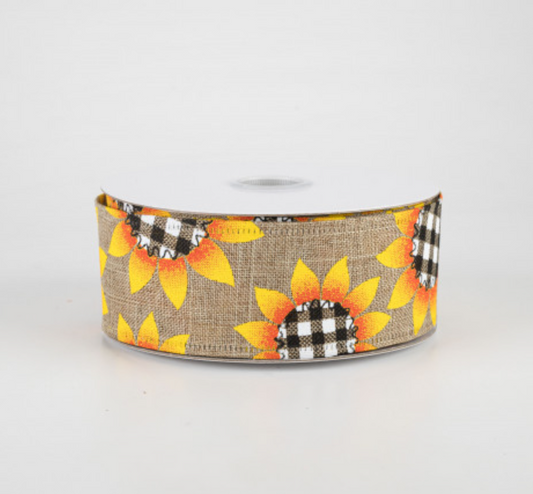 a yellow and black plaid ribbon with sunflowers on it
