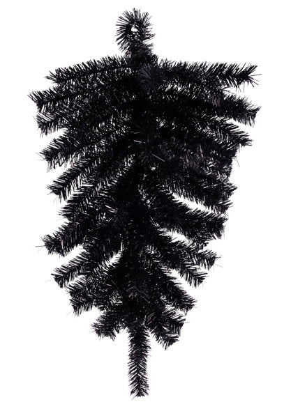 A black, spiky Christmas tree branch against a white background.