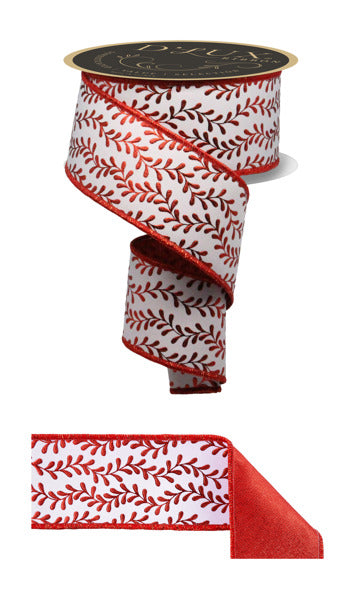 a red and white floral patterned ribbon, which is a decorative item.