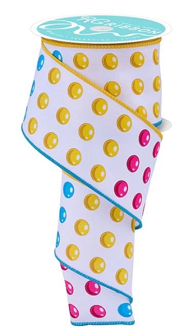 a colorful, polka dot ribbon with a pattern of yellow and pink circles on a white background.