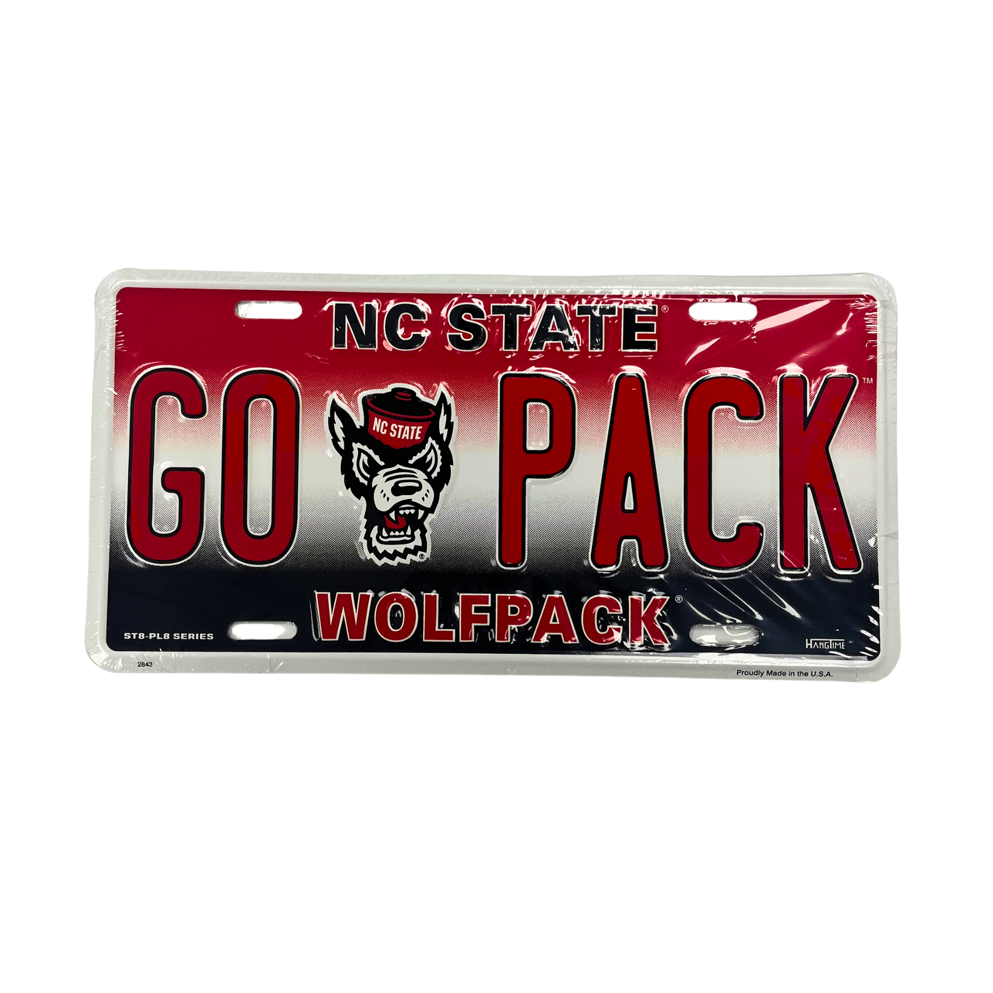 A red and black license plate with the text "NC STATE GO PACK WOLFFPACK" and a graphic of a wolf wearing a hat.