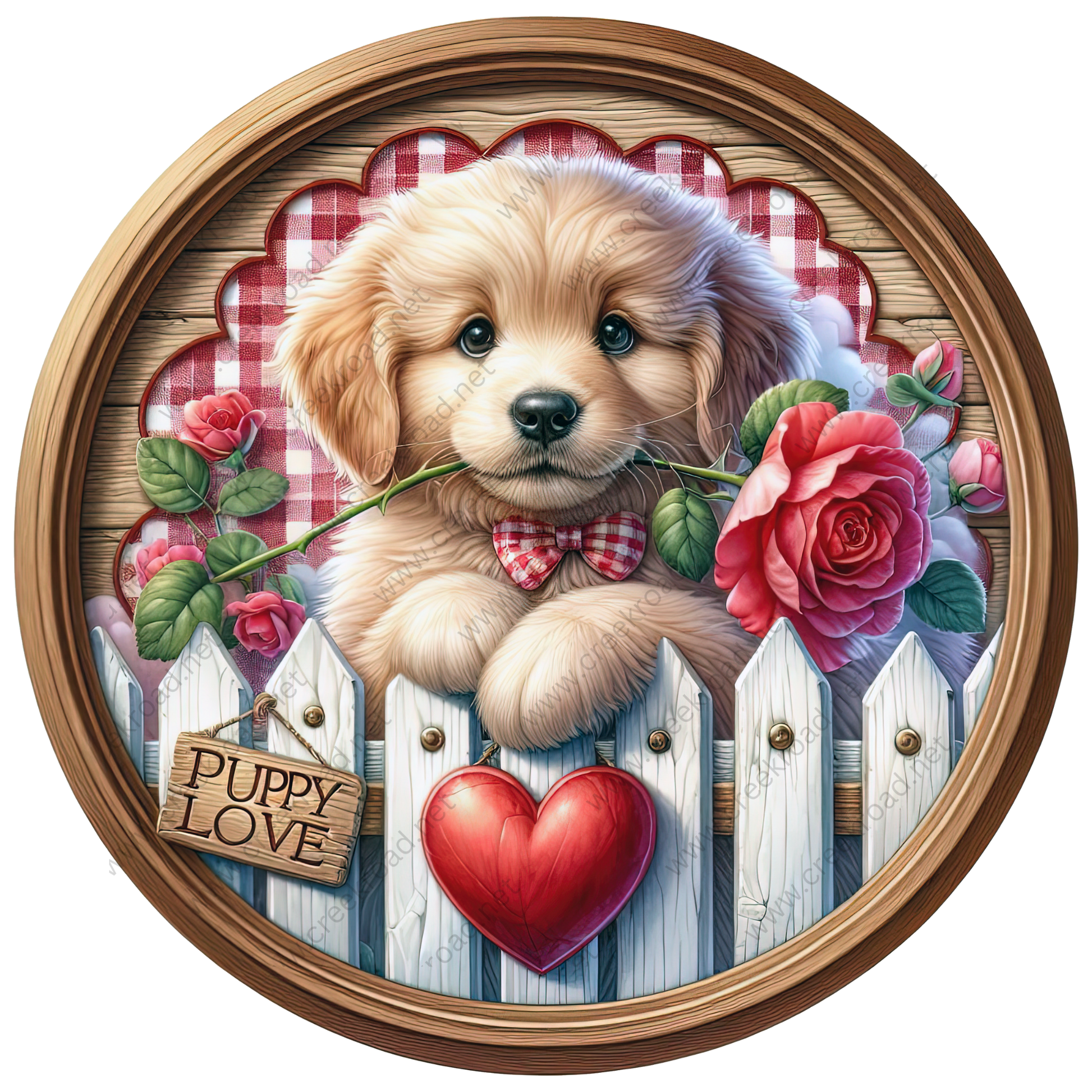 A cute golden retriever puppy is sitting in front of a wooden fence, holding a rose in its mouth, with a heart-shaped sign that says "Puppy Love" and a red heart below it.