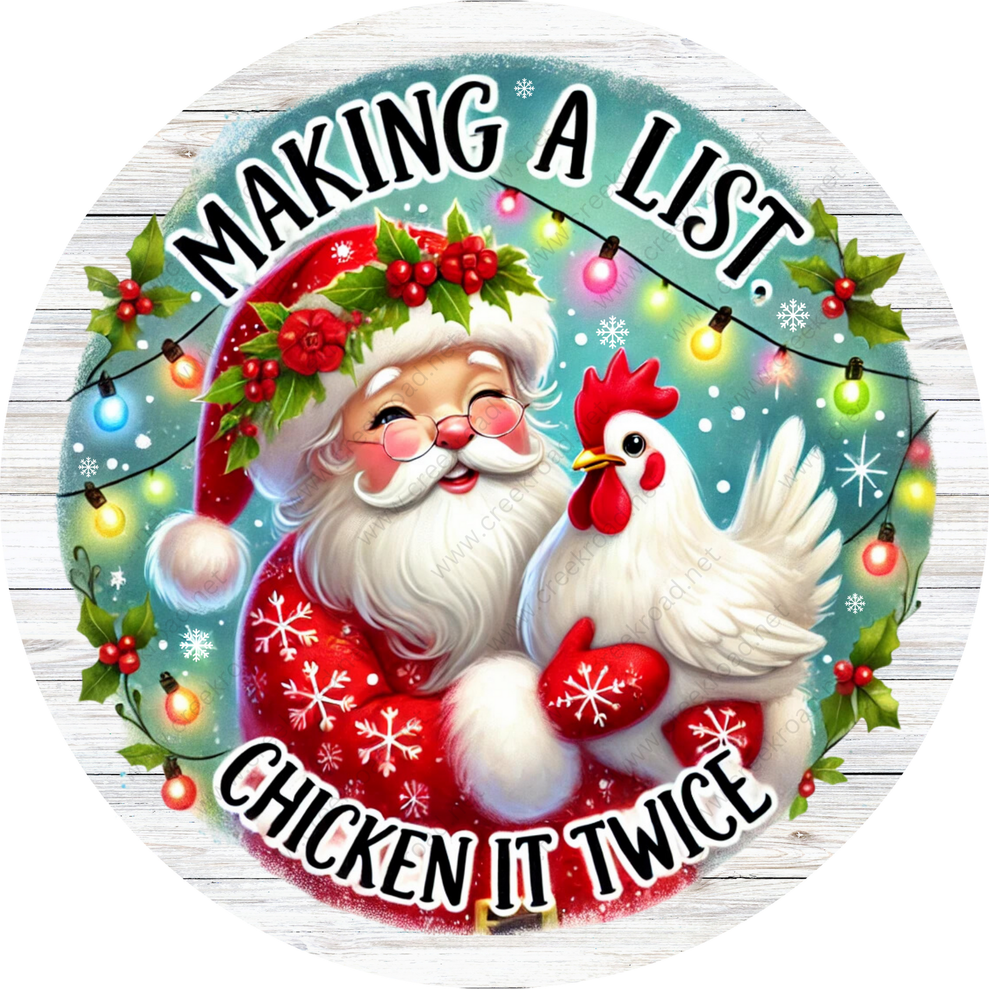 a chicken and santa clause sticker on a wooden background