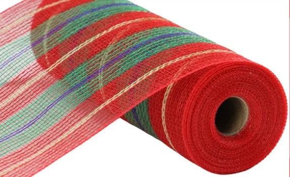 A roll of red, green, and blue mesh material.