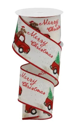 A Christmas ribbon with a red truck and a dog on it, along with the text "Merry Christmas" printed on it.