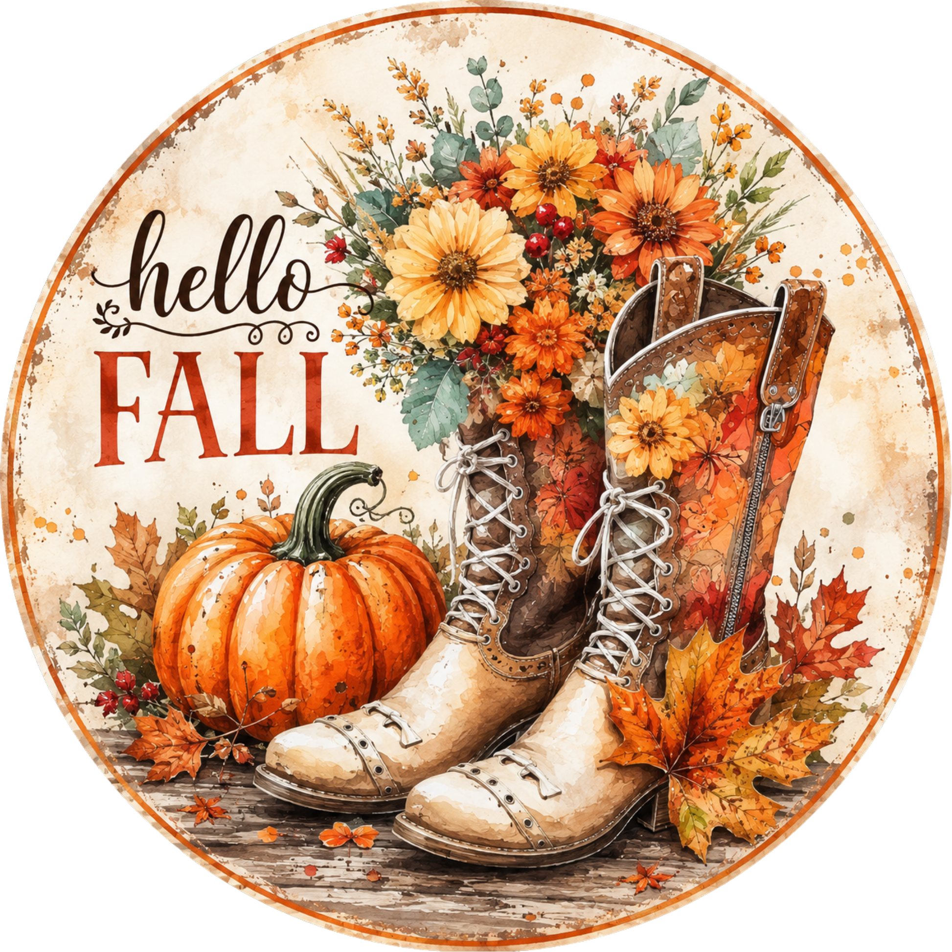 A circular illustration featuring a pair of white cowboy boots, a pumpkin, and a bouquet of flowers, with the text "Hello Fall" written above them.