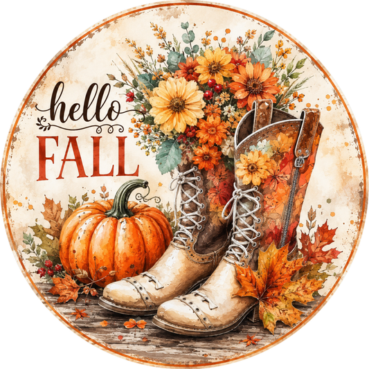 A circular illustration featuring a pair of white cowboy boots, a pumpkin, and a bouquet of flowers, with the text "Hello Fall" written above them.