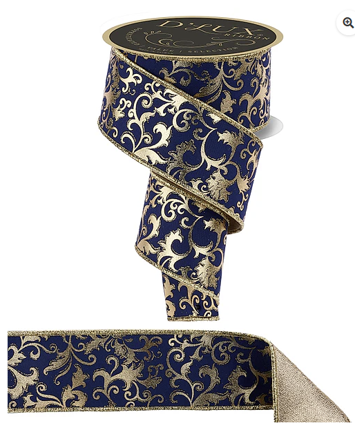 a decorative blue and gold ribbon with a floral pattern.
