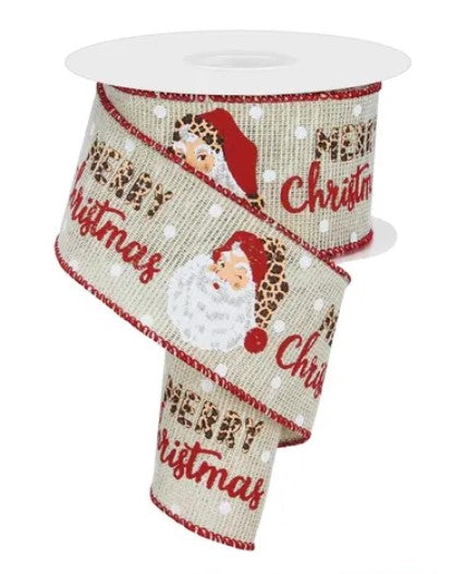 A Christmas ribbon with a Santa Claus design and the text "Merry Christmas" printed on it.