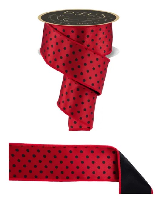 a red and black polka dot ribbon with a black border.