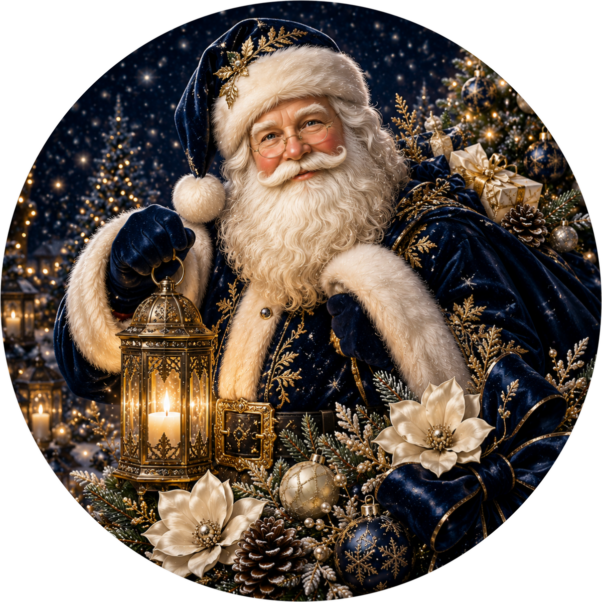 Santa Claus holding a lantern and surrounded by Christmas decorations, including flowers, pine cones, and ornaments, against a starry night sky background.