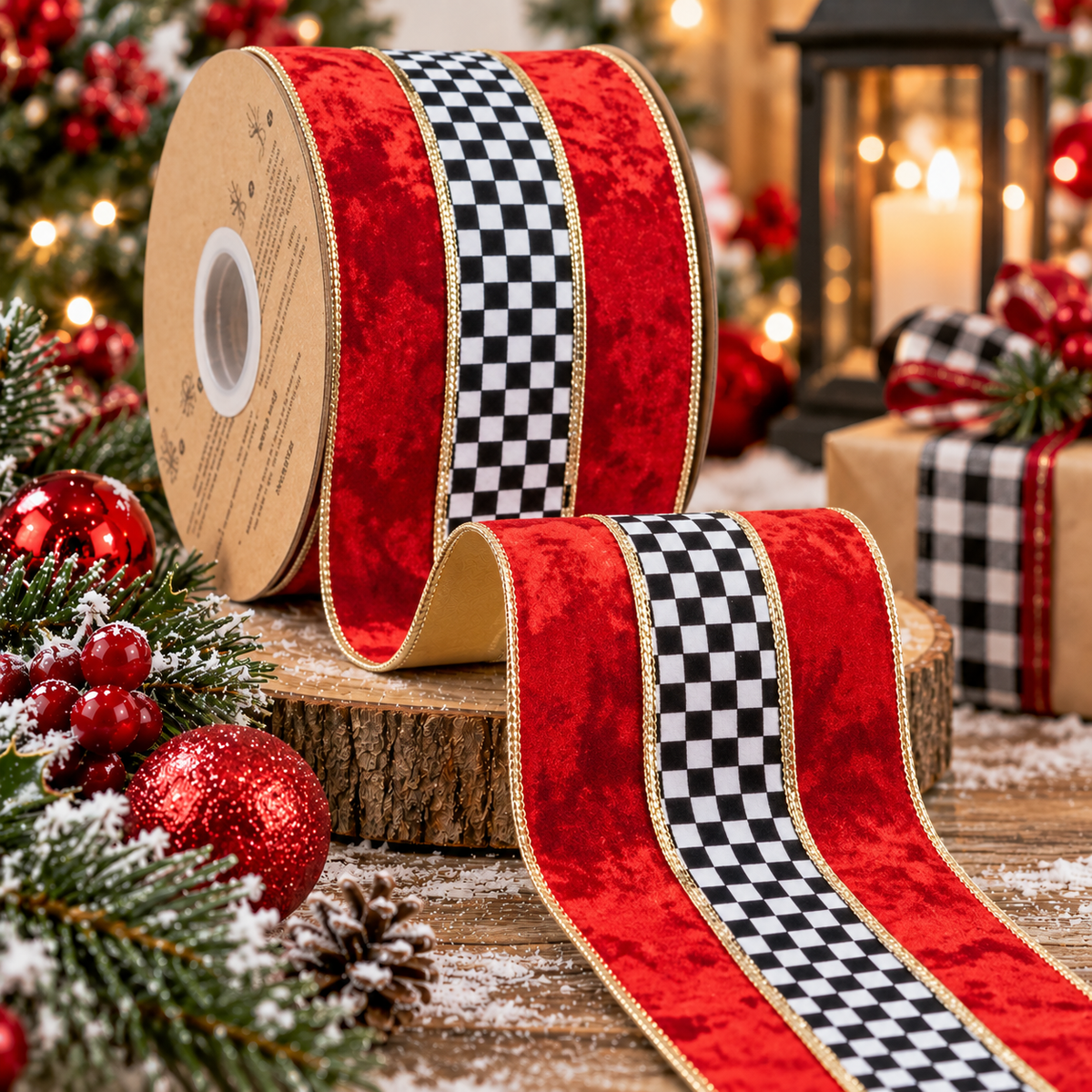 A roll of red and black checkered ribbon is displayed on a wooden surface, surrounded by Christmas decorations such as ornaments, pine cones, and a lit lantern.