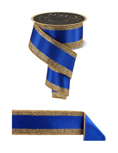a blue and gold ribbon with a glittery gold trim.