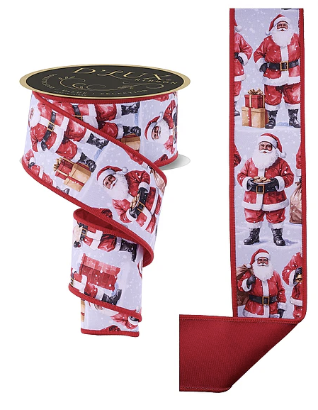 a red ribbon with a repeating pattern of Santa Claus and presents, along with a black label that reads "DELUXE".