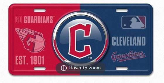 A Cleveland Indians baseball plate license plate with the team's logo and the words "GO GUARDIANS" and "CLEVELAND" printed on it.
