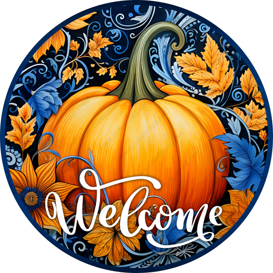 a painted pumpkin with the word welcome on it