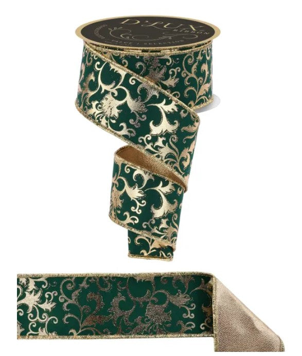 a decorative green and gold ribbon with a floral pattern.