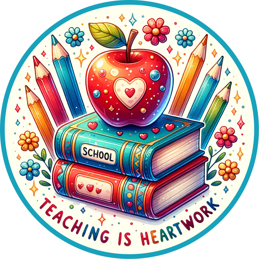 The image is a vibrant illustration featuring a red apple with a heart on it, surrounded by colorful pencils, books, flowers, and stars. The text "TEACHING IS HEARTWORK" is prominently displayed, emphasizing the importance of teaching in the context of the image.