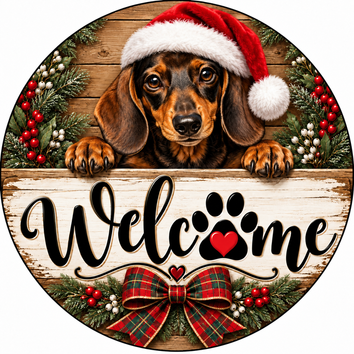 A dog wearing a Santa hat is peeking out from behind a wooden sign that says "Welcome" with a heart symbol and a plaid bow.