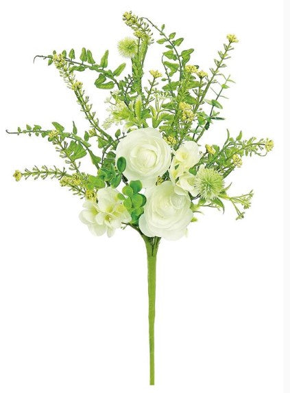A bouquet of white flowers, including roses and greenery, arranged in a tall green stem.