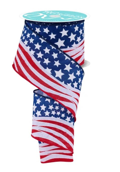 a ribbon with a design of the American flag, including red, white, and blue colors and white stars.