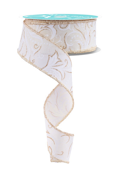 A white and gold floral patterned ribbon is shown, with a turquoise spool of ribbon at the top.