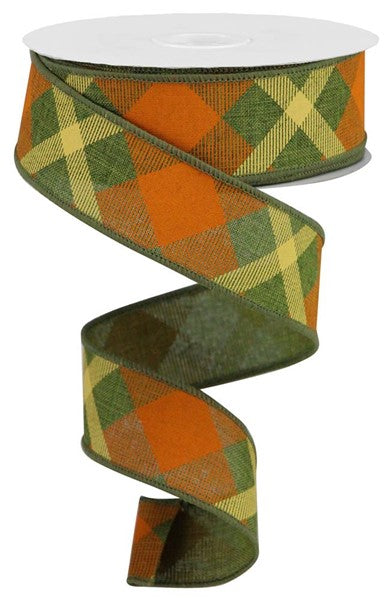 a green and orange plaid ribbon on a white background