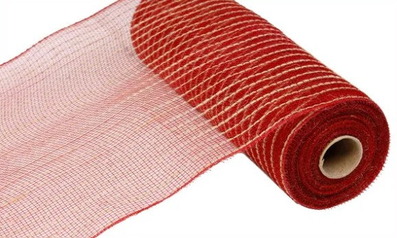A roll of red and white striped mesh material.