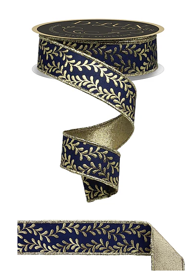 a decorative ribbon with a gold leaf pattern. The ribbon is predominantly blue and gold, with a repeating leaf design. The ribbon appears to be a decorative item, possibly used for wrapping gifts or other occasions.