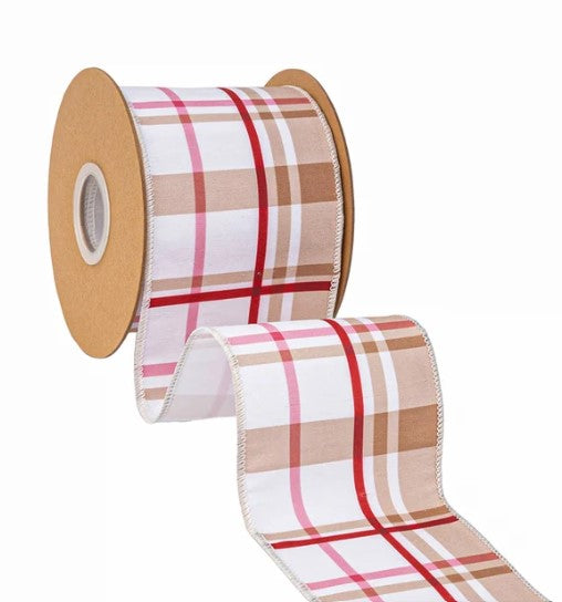 A spool of plaid ribbon with a repeating pattern of red and white stripes.