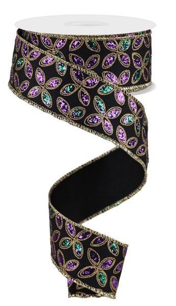 a black ribbon with purple and green sequins