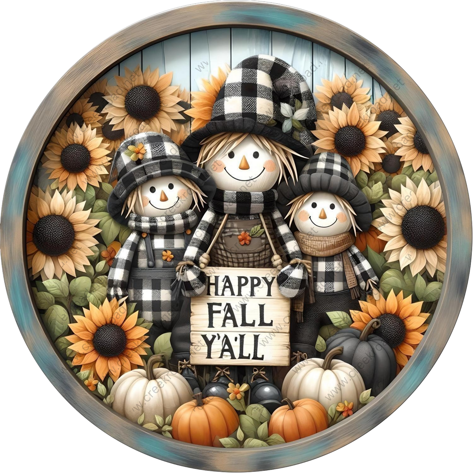 a picture of a happy fall y'all with scarecrows and sunflower