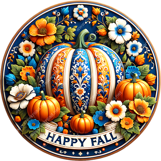 A decorative plate with a large, intricately designed pumpkin surrounded by various colorful flowers and leaves. The plate has a blue border and the text "HAPPY FALL" is displayed on it.