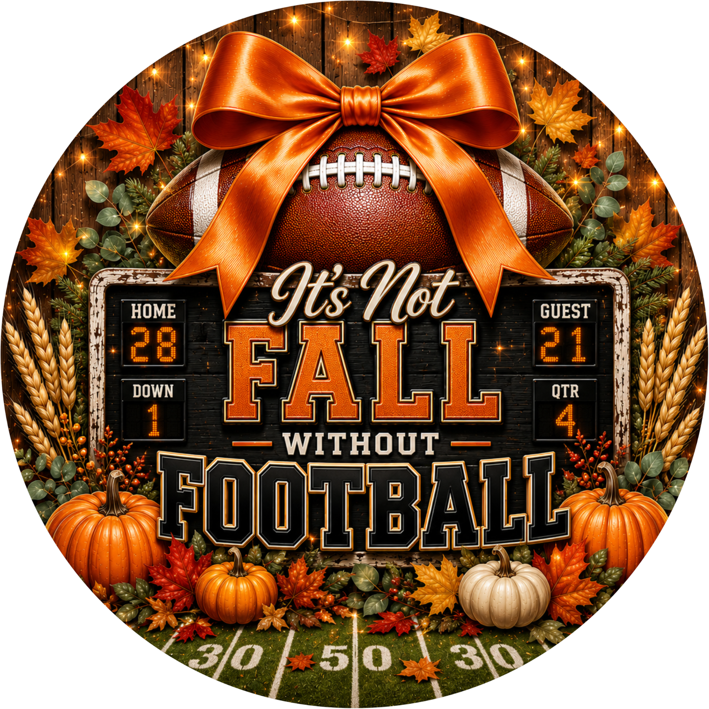 The image is a vibrant and festive collage featuring a football, pumpkins, autumn leaves, and a scoreboard, all set against a rustic wooden background.