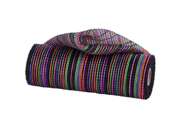 A colorful, striped fabric roll or mat with a variety of multicolored stripes.