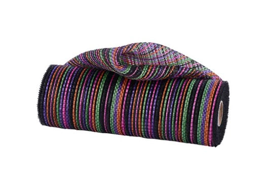 A colorful, striped fabric roll or mat with a variety of multicolored stripes.
