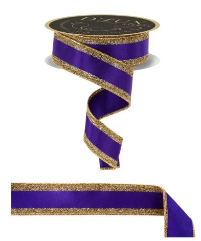 a purple ribbon with gold glitter trim.